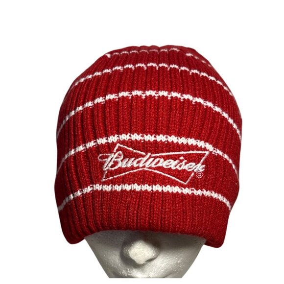 Budweiser Red & White Striped Acrylic Beanie NFL Logo Unisex Football NWT - Picture 1 of 6
